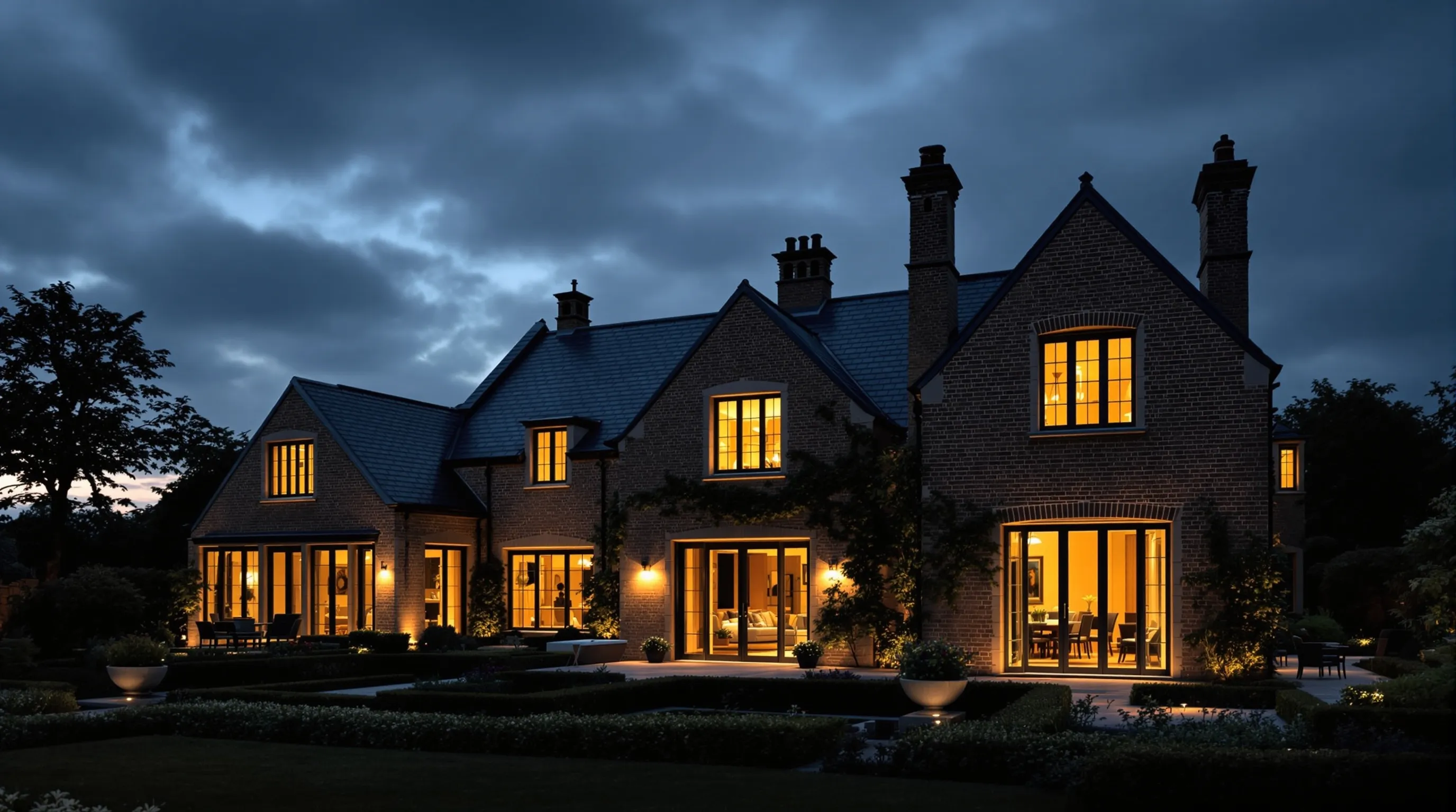 Dusk exterior of Oakleigh with warm interior lights visible through crittall windows