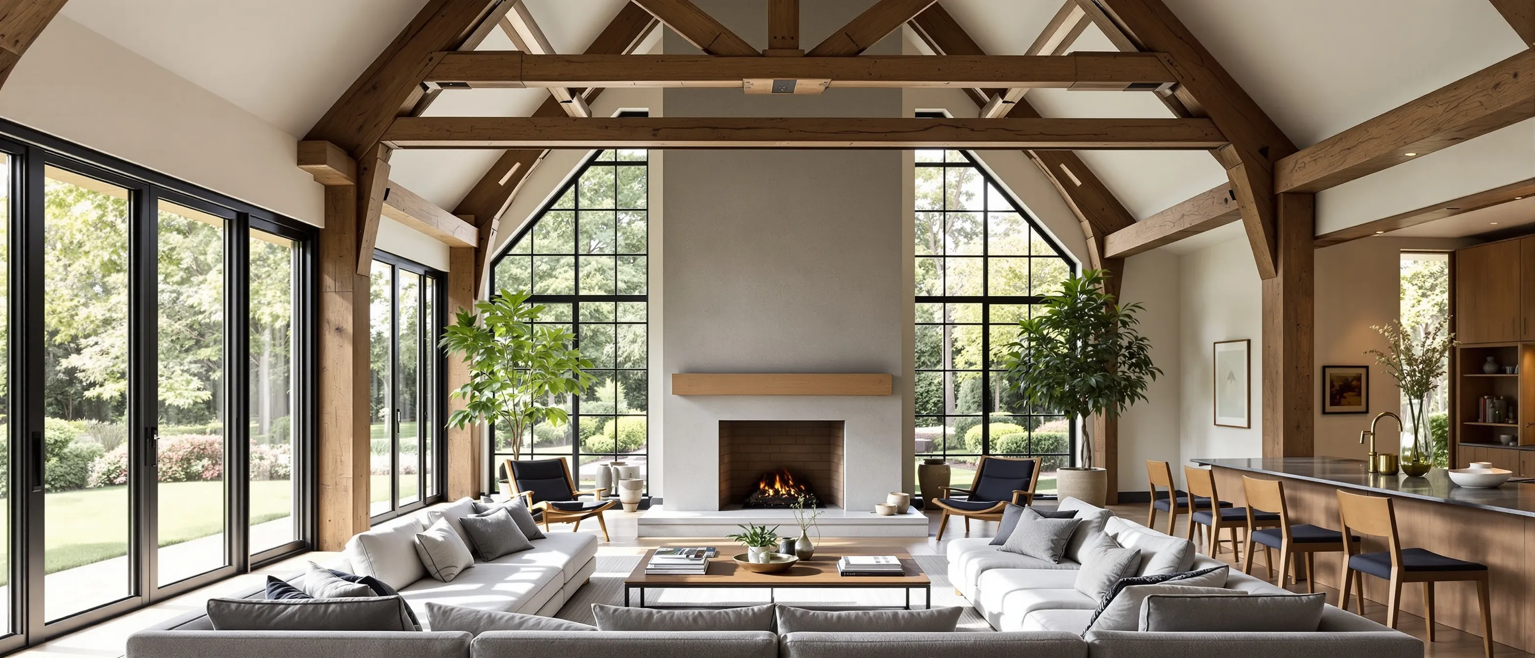 Double-height living room of Ashwood House with exposed oak beams and crittall windows