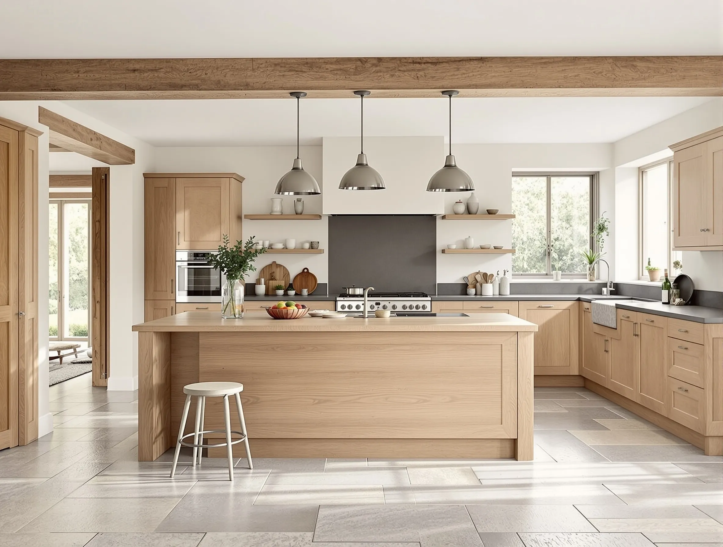 Kitchen interior at The Old Paddock with oak island and stone floors