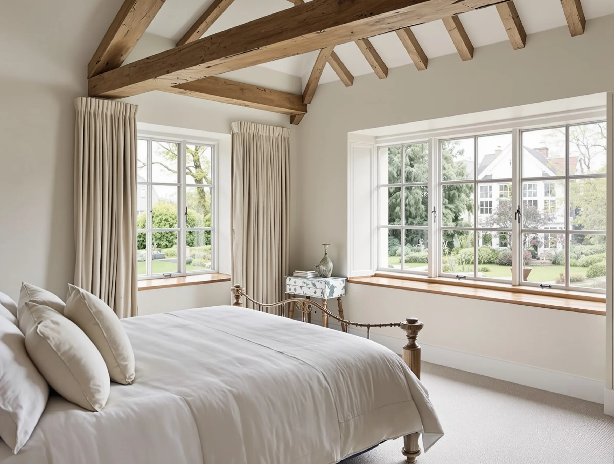 Master bedroom with exposed oak beams and garden view