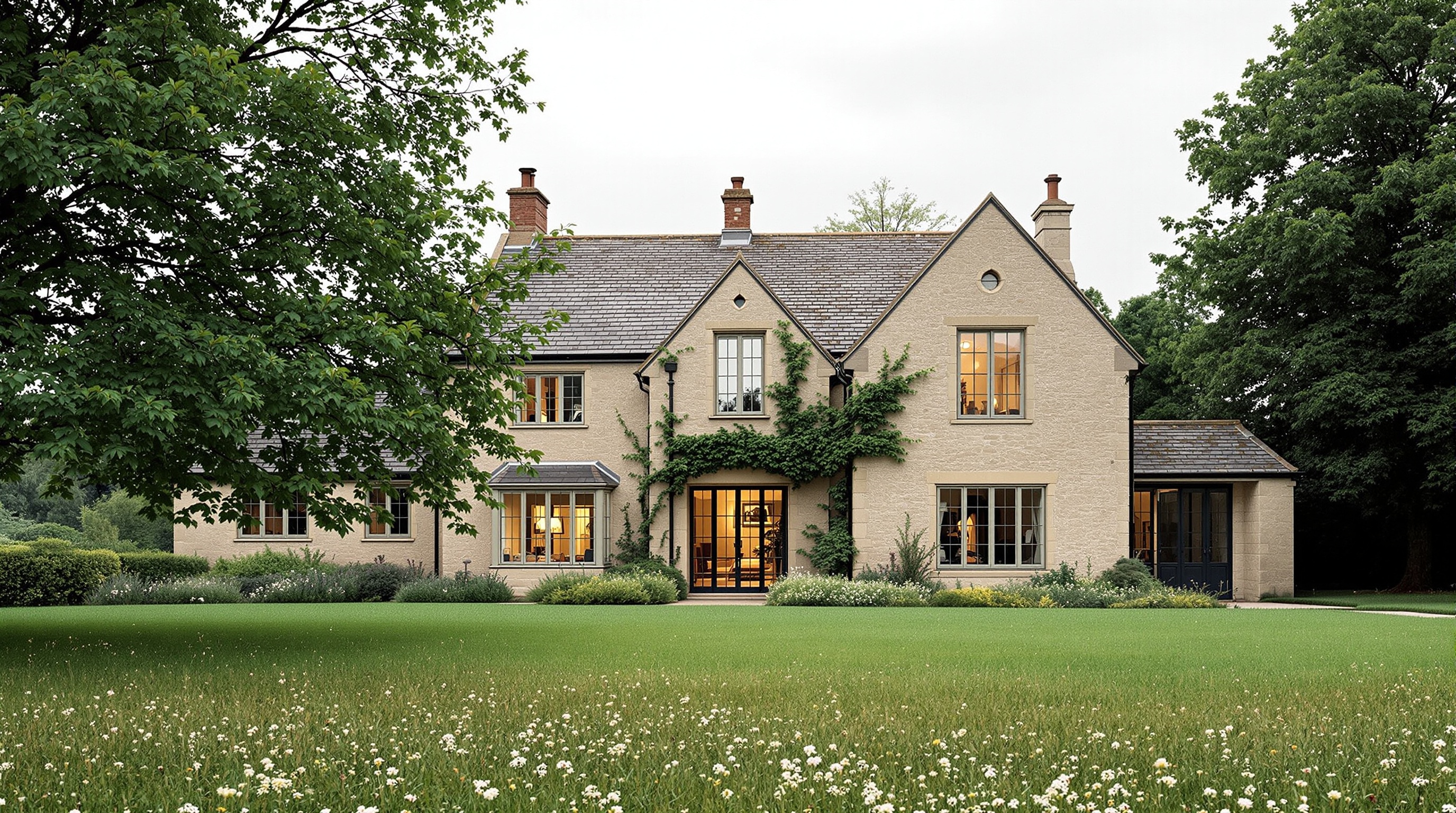 English country home at golden hour, Cotswold limestone walls with a mature copper beech tree