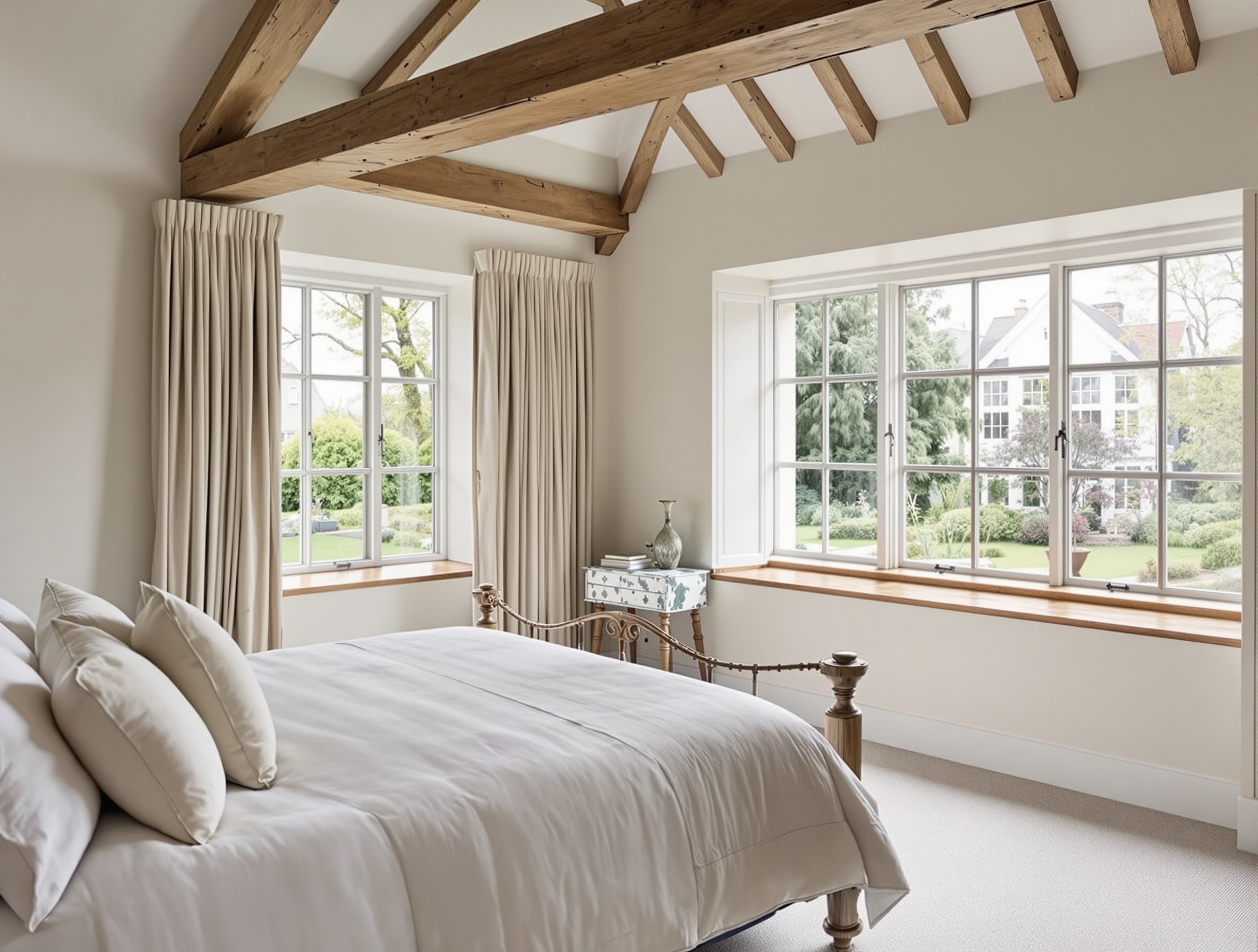 Master bedroom with exposed oak beams and garden view