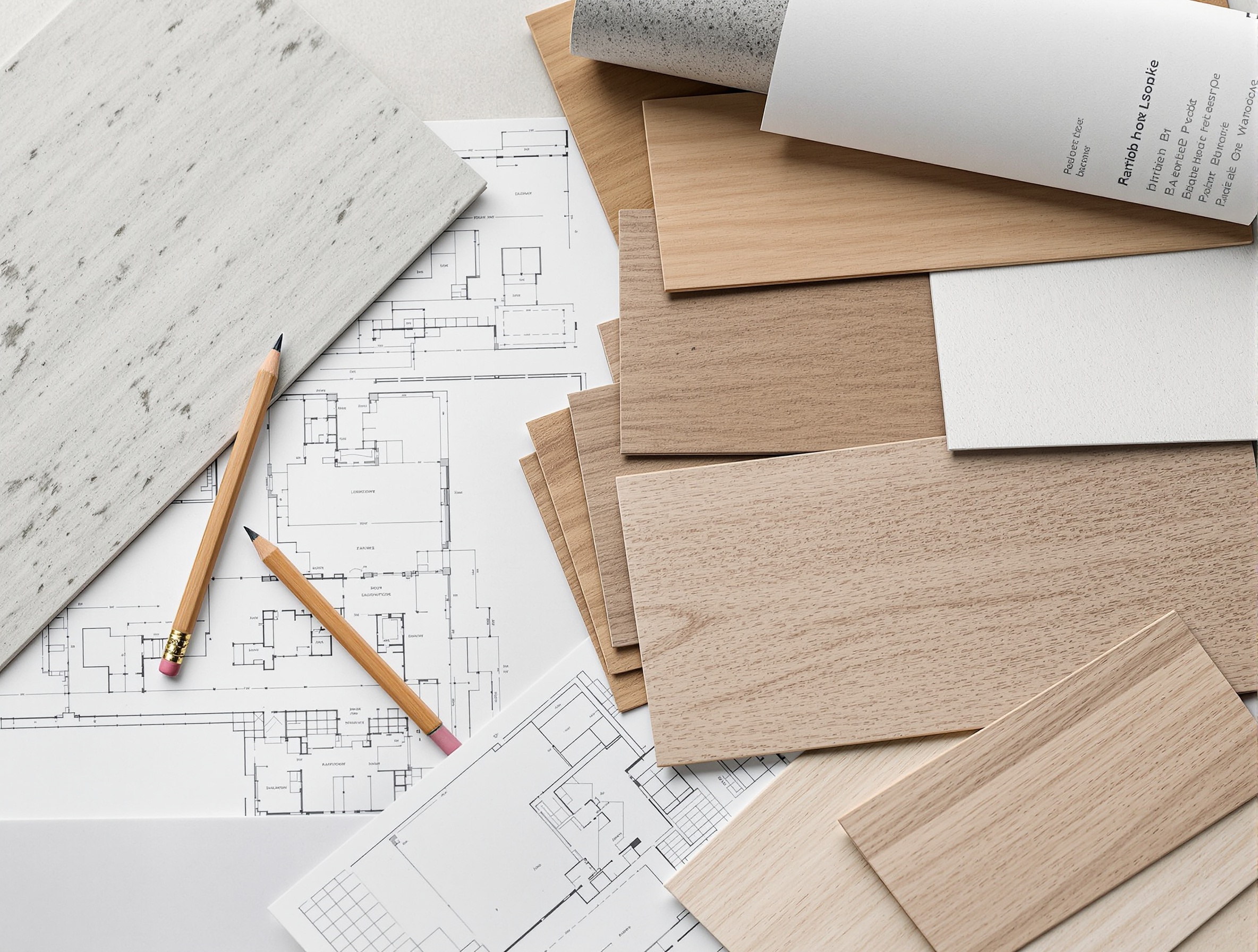 Flat lay of drawings, limestone samples, and oak swatches